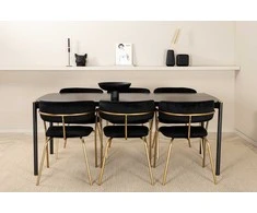 Venture Design Valgomojo stalas ir fotelio komplektas Pelle 190x90x75 cm juodas aksomas, žalvario kojos