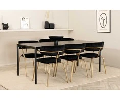 Venture Design Valgomojo stalas ir fotelio komplektas Pelle 190x90x75 cm juodas aksomas, žalvario kojos
