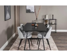 Venture Design Valgomojo stalas ir kėdės komplektas, Inka ir aksomas, stalas: 75x160x85 cm, kėdė: 57x76.5x50 cm, juoda ir šviesiai pilka