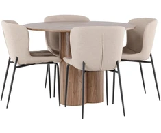 Venture Design Valgomojo stalas ir kėdžių komplektas Olivia valgomojo stalas su Modesto kėdėmis 110 cm, moka spalva ir smėlio spalvos audinys