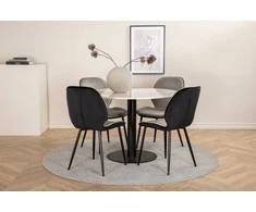 Venture Design Valgomojo stalas ir kėdžių komplektas Estelle apvalus valgomojo stalas ir Emma kėdės 106x75 cm balta juoda pilka veliūras metalas
