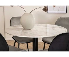 Venture Design Valgomojo stalas ir kėdžių komplektas Estelle apvalus valgomojo stalas ir Emma kėdės 106x75 cm balta juoda pilka veliūras metalas
