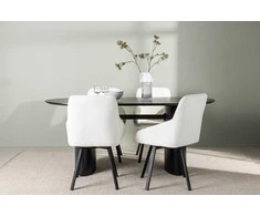 Venture Design Valgomojo stalas ir kėdžių komplektas Isolde valgomojo stalas ir Rosie valgomojo kėdės 180x75 cm juoda smėlio spalvos MDF audinys