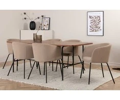 Venture Design Valgomojo stalas ir kėdžių komplektas Uno 200x90x74 cm Juodasis riešutas, smėlio spalvos audinys