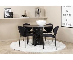 Venture Design Valgomojo stalas ir kėdžių komplektas Marbs apvalus valgomojo stalas ir Vault valgomojo kėdės 110x75 cm juodas stiklas audinys