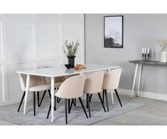 Venture Design Valgomojo stalas ir kėdžių komplektas Polar 180 cm balta smėlio spalvos veliūras