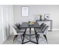 Venture Design Valgomojo stalas ir kėdžių komplektas Marina juodas stalviršis/juodos kojos šviesiai pilka/juoda