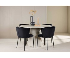 Venture Design Valgomojo stalas ir kėdžių komplektas Lanzo stalas ir Edina kėdės smėlio spalvos ir juodo aksomo