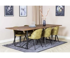 Venture Design Valgomojo stalas ir kėdžių komplektas 250x100x76 cm tamsiai rudos spalvos ir žalia aksominė apdaila