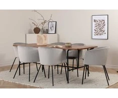 Venture Design Valgomojo stalas ir kėdžių komplektas 200x90x74 cm Juodasis graikinis riešutas Šviesiai pilkas aksomas