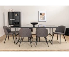 Venture Design Valgomojo stalas ir kėdžių komplektas Leif 200x90x74 cm Juodas stiklas Aksomas Mikropluoštas