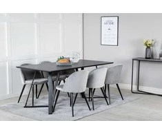 Venture Design Valgomojo stalas ir kėdžių komplektas Marina, juodas stalviršis, juodos kojos, šviesiai pilka, juoda