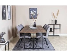 Venture Design Valgomojo stalas ir kėdžių komplektas Padang valgomojo stalas 250x100x76 cm tamsus tikas juodos medžiagos audinys