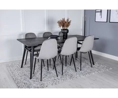 Venture Design Valgomojo stalas ir kėdžių komplektas, elegantiškas ištraukiamas stalas 195x95 cm, juodas, šviesiai pilkas