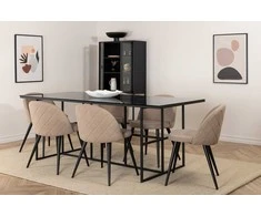 Venture Design Valgomojo stalas ir kėdžių komplektas Leif 200x90x74 cm Juodas Smėlio spalvos Stiklas Metalas Audinys