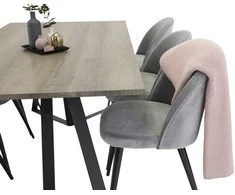 Venture Design Valgomojo stalas ir kėdžių komplektas Marina pilkos medienos/juodas stalas 6 pilkos aksominės kėdės