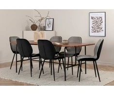 Venture Design Valgomojo stalas ir kėdžių komplektas Uno valgomojo stalas ir Emma kėdės 200x90x74 cm juodos spalvos ir riešuto veliūras