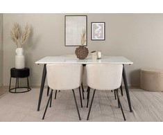 Venture Design Valgomojo stalas ir kėdžių komplektas Jimmy valgomojo stalas 150x90x76 cm juodas baltas Berit kėdė 55x55x78 cm juoda smėlio spalvos veliūras