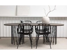 Venture Design Valgomojo stalas ir kėdžių komplektas, akmens valgomojo stalas ir Dyrön kėdės, 220x100 cm, juoda ruda MDF faneruotė ir metalas