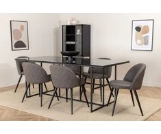 Venture Design Valgomojo stalas ir kėdžių komplektas Leif 200x90x74 cm Juodas stiklas Aksomas Mikropluoštas