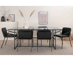Venture Design Valgomojo stalas ir kėdžių komplektas 200x90x74 cm Juodas stiklas Dirbtinė oda