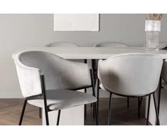 Venture Design Valgomojo stalas ir kėdžių komplektas Olga valgomojo stalas ir Evelina valgomojo kėdė 200x75 cm balta juoda šviesiai pilkas veliūras