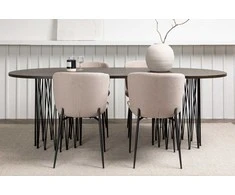 Venture Design Valgomojo stalas ir kėdžių komplektas Akmeninis ovalus valgomojo stalas ir Modesto valgomojo kėdės 220x100 cm juodas faneruotė smėlio spalvos boucle
