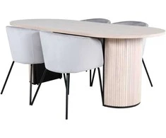 Venture Design Valgomojo stalas ir kėdžių komplektas Bianca ovalus valgomojo stalas ir Berit kėdės 200x90x75 cm balta juoda šviesiai pilka aksomas