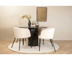 Venture Design Valgomojo stalas ir kėdžių komplektas Marbs apvalus valgomojo stalas ir Berit kėdė 110x75 cm juoda smėlio spalvos veliūras