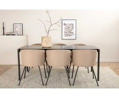 Venture Design Valgomojo stalas ir kėdžių komplektas Pelle valgomojo stalas ir Berit kėdė 190x90x75 cm juoda smėlio spalvos audinys