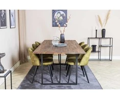 Venture Design Valgomojo stalas ir kėdžių komplektas 250x100x76 cm tamsiai rudos spalvos ir žalia aksominė apdaila