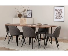 Venture Design Valgomojo stalas ir kėdžių komplektas Uno 200x90x74 cm Juodasis riešutas Aksominis mikropluoštas