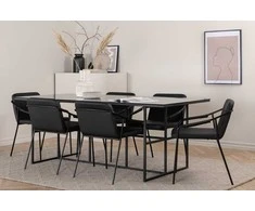 Venture Design Valgomojo stalas ir kėdžių komplektas 200x90x74 cm Juodas stiklas Dirbtinė oda