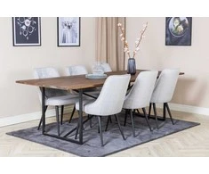 Venture Design Valgomojo stalas ir kėdžių komplektas 250x100x76 cm tamsiai rudos spalvos ir šviesiai pilkos spalvos audinys