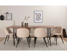 Venture Design Valgomojo stalas ir kėdžių komplektas Uno 200x90x74 cm Juodasis riešutas, smėlio spalvos veliūras