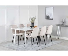 Venture Design Valgomojo stalas ir kėdžių komplektas Polar 180 cm balta smėlio spalvos veliūras