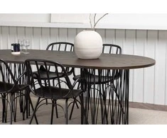 Venture Design Valgomojo stalas ir kėdžių komplektas, akmens valgomojo stalas ir Dyrön kėdės, 220x100 cm, juoda ruda MDF faneruotė ir metalas