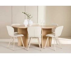Venture Design Valgomojo stalas ir kėdžių komplektas Strada stalas su 6 Lilja kėdėmis 120x170 cm balta smėlio spalvos mediena