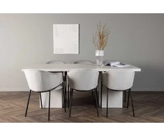 Venture Design Valgomojo stalas ir kėdžių komplektas Olga valgomojo stalas ir Evelina valgomojo kėdė 200x75 cm balta juoda šviesiai pilkas veliūras