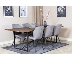 Venture Design Valgomojo stalas ir kėdžių komplektas Padang valgomojo stalas 250x100x76 cm tamsus tikas juodos medžiagos audinys