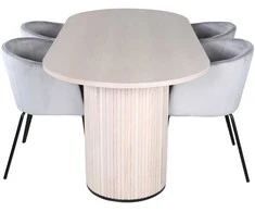 Venture Design Valgomojo stalas ir kėdžių komplektas Bianca ovalus valgomojo stalas ir Berit kėdės 200x90x75 cm balta juoda šviesiai pilka aksomas