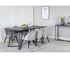 Venture Design Valgomojo stalas ir kėdžių komplektas Marina juodas stalviršis/juodos kojos šviesiai pilka/juoda