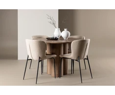 Venture Design Valgomojo stalas ir kėdžių komplektas Olivia valgomojo stalas su Modesto kėdėmis 110 cm, moka spalva ir smėlio spalvos audinys