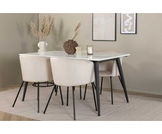 Venture Design Valgomojo stalas ir kėdžių komplektas Jimmy valgomojo stalas 150x90x76 cm juodas baltas Berit kėdė 55x55x78 cm juoda smėlio spalvos veliūras