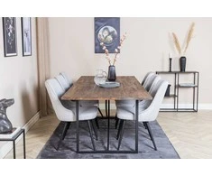 Venture Design Valgomojo stalas ir kėdžių komplektas 250x100x76 cm tamsiai rudos spalvos ir šviesiai pilkos spalvos audinys
