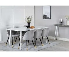 Venture Design Valgomojo stalas ir valgomojo kėdės Polar 180 cm balta aksomas šviesiai pilka žalvaris juoda