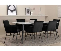 Venture Design Valgomojo stalas, Jimmy, 195x90 cm, Juodas/Baltas, Valgomasis kėdė, Petra, 87x57 cm, Juoda/Juoda aksomas