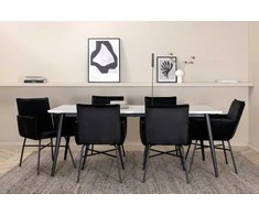 Venture Design Valgomojo stalas, Jimmy, 195x90 cm, Juodas/Baltas, Valgomasis kėdė, Petra, 87x57 cm, Juoda/Juoda aksomas