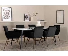 Venture Design Valgomojo stalas, Jimmy, 195x90 cm, Juodas/Baltas, Valgomasis kėdė, Petra, 87x57 cm, Varis/Juodas