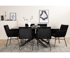 Venture Design Valgomojo stalas, Piazza, 76x180x90 cm, Juodas, Valgomasis kėdė, Petra, 60x87x57 cm, Juoda